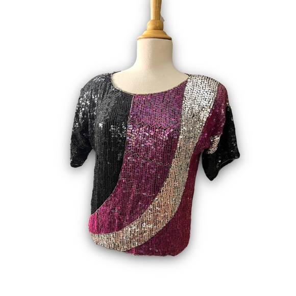 JLB Paris Hong Kong 100% Silk Fully Sequined Top 1980s Abstract Colorblo… - Picture 11 of 12